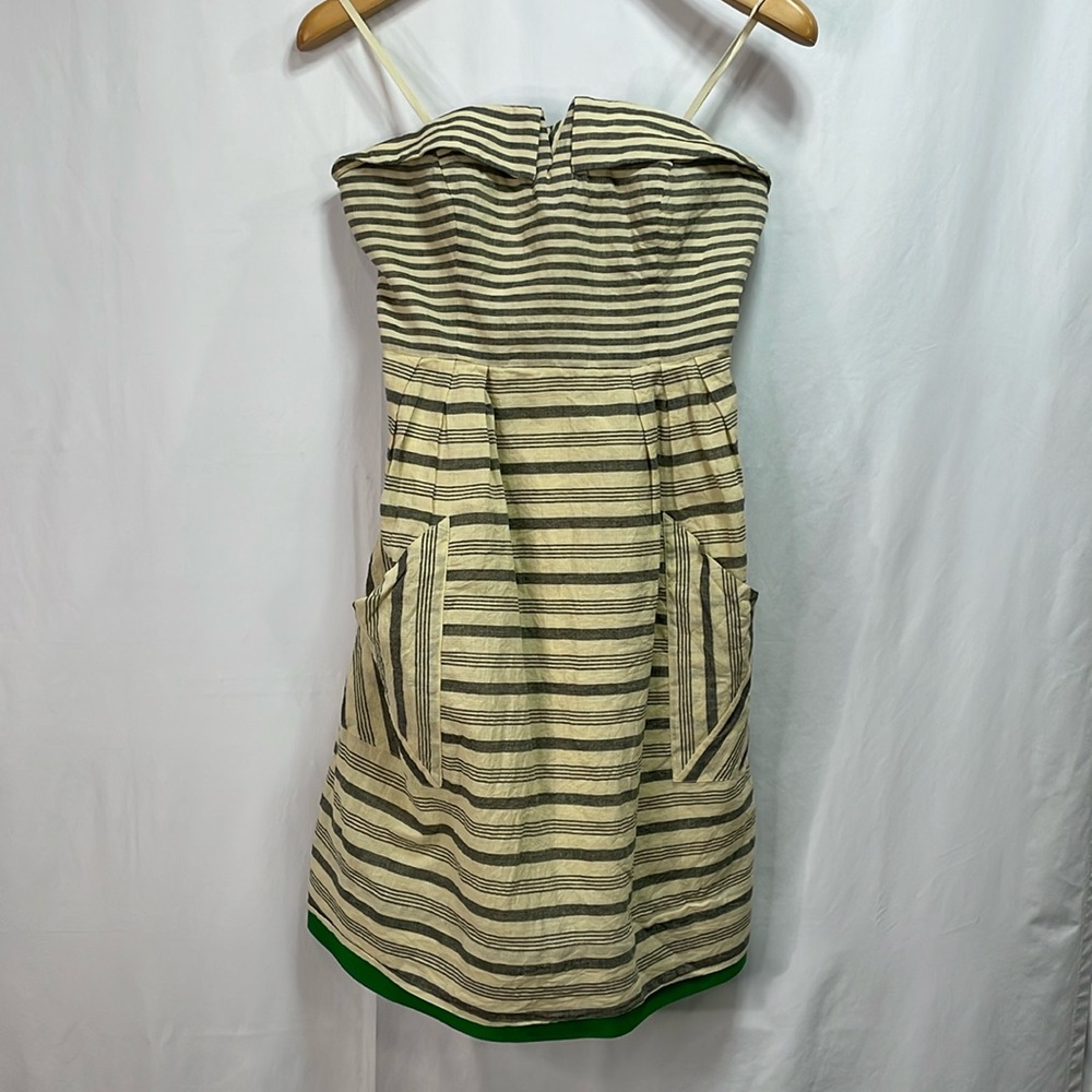 🍩 Maeve linen cotton blend strapless, horizontal, striped dress with green trim